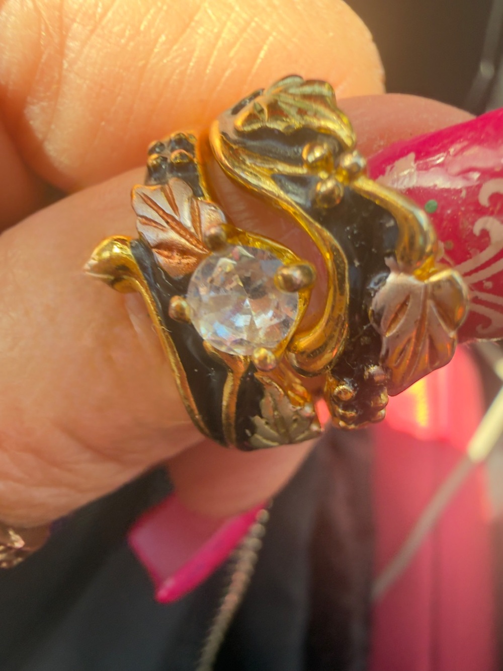 Gold-Tone Black Enamel Leaf Ring with Clear  cubic  Stone